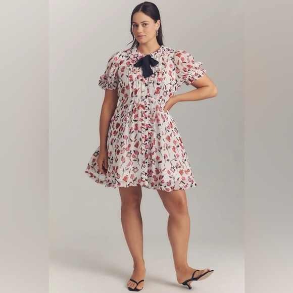 NWT! Anisa Makhoul x Maeve Puff-Sleeve Collared Bow-Front Pleated Mini Dress 🔮 - Picture 5 of 10